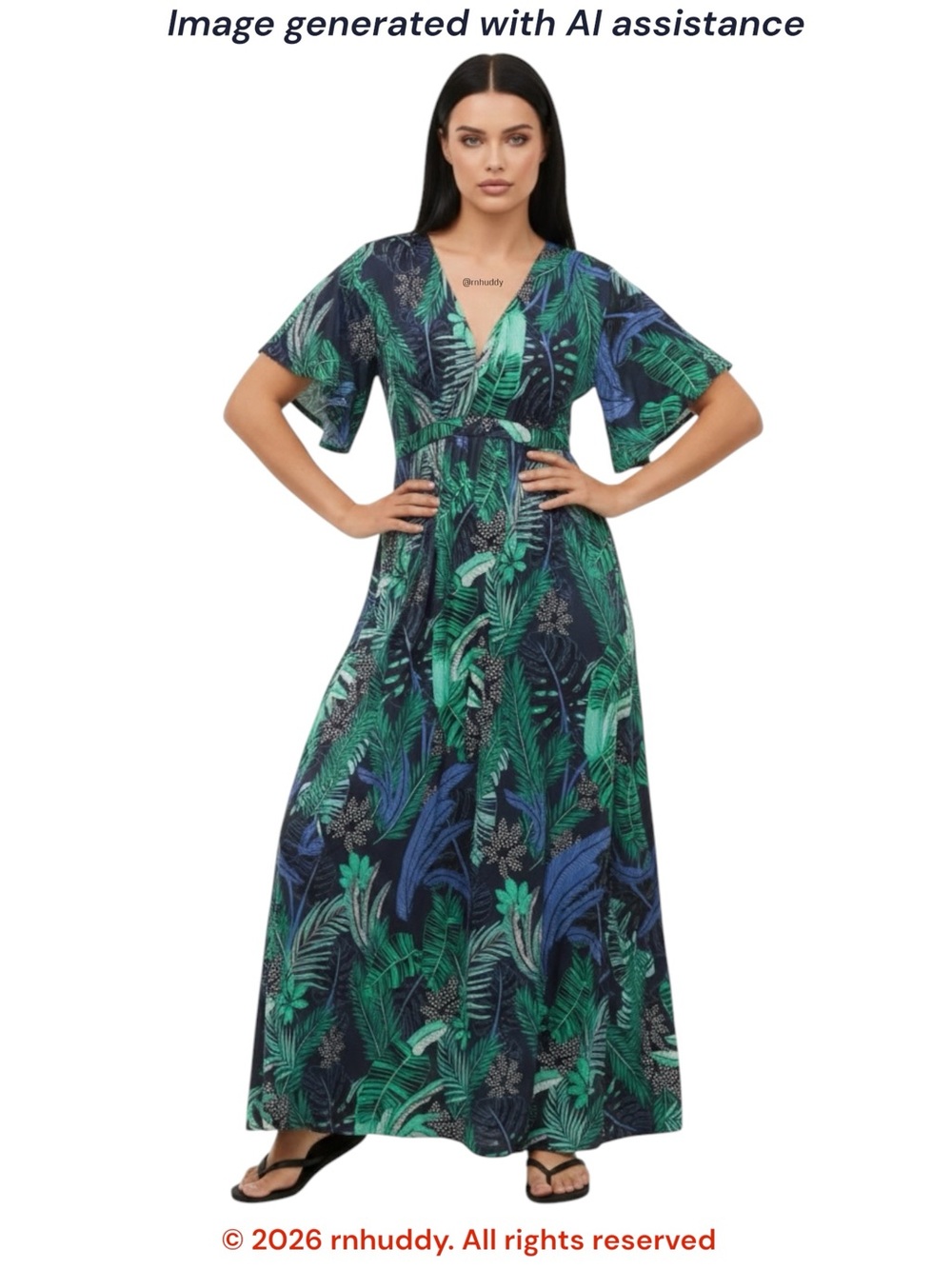 Ellos 2X 26/28 black tropical print stretch knit tie-back maxi dress